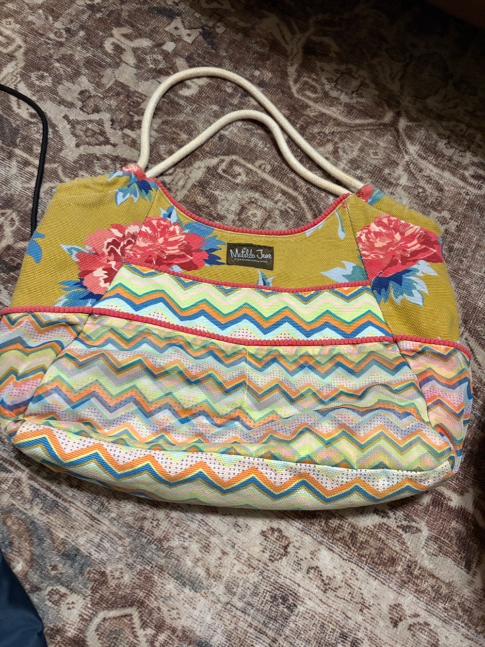 Matilda Jane Mustard Floral Tote with Multicolor Chevron Accent